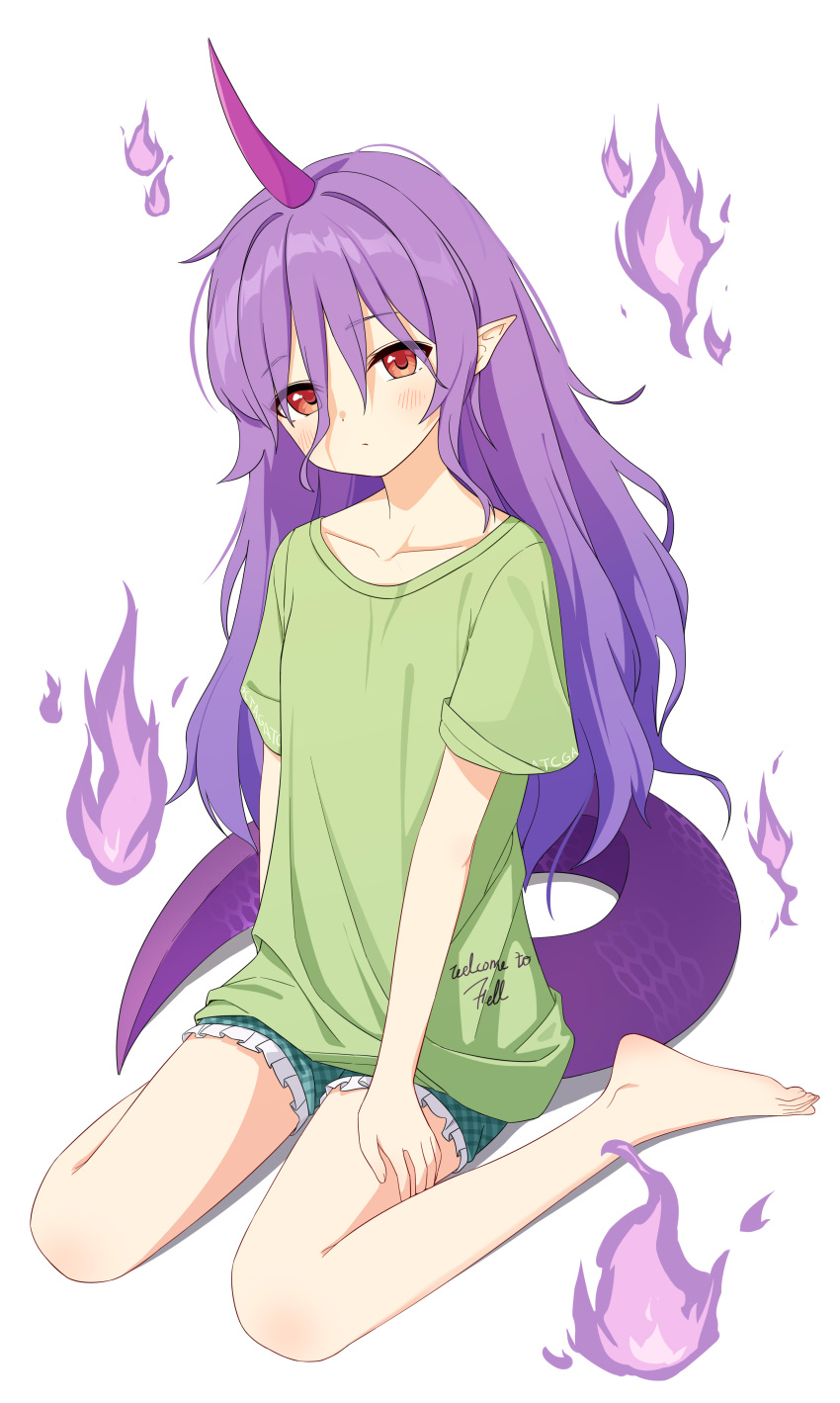 1girl absurdres aqoot barefoot blush closed_mouth clothes_writing collarbone commentary_request feet fire frilled_shorts frills full_body green_shirt green_shorts hair_between_eyes hand_on_own_thigh highres horns long_hair looking_at_viewer plaid plaid_shorts pointy_ears purple_fire purple_hair purple_horns purple_tail red_eyes shirt short_sleeves shorts sidelocks simple_background single_horn sitting solo tenkajin_chiyari touhou very_long_hair wariza wavy_hair white_background