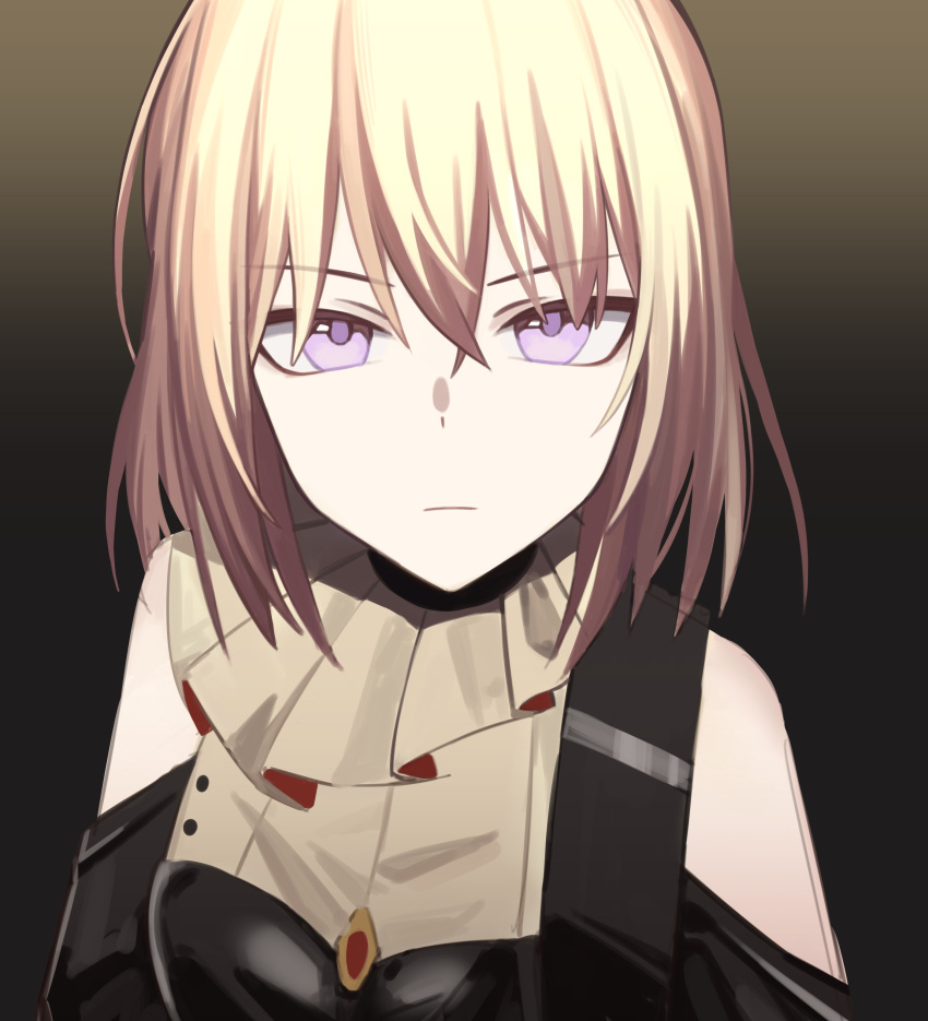 1girl absurdres bang_dream! bang_dream!_it's_mygo!!!!! black_background black_dress blonde_hair brown_background chinese_commentary closed_mouth clothing_cutout commentary_request dress expressionless gradient_background highres looking_at_viewer lu_guan medium_hair misumi_uika purple_eyes shoulder_cutout shoulder_strap solo upper_body