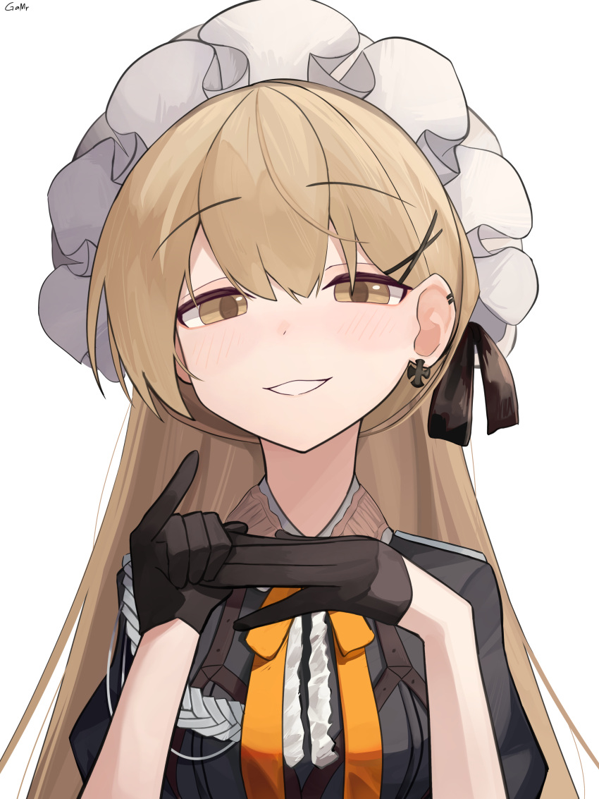 1girl absurdres black_gloves breasts brown_eyes commission cross cross_earrings earrings frilled_hairband frills gamryous girls'_frontline gloves grin hair_between_eyes hair_ornament hairband hairclip highres jewelry light_brown_hair long_hair looking_at_viewer ppk_(girls'_frontline) puffy_short_sleeves puffy_sleeves removing_glove ribbon short_sleeves smile smug solo very_long_hair