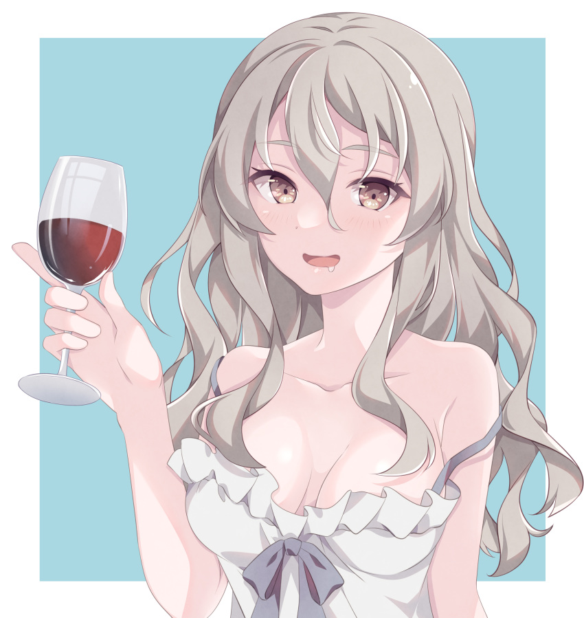 1girl alcohol alternate_costume blue_background blush breasts cleavage collarbone cup dress drinking_glass highres holding holding_cup kantai_collection kukimaru large_breasts long_hair looking_at_viewer open_mouth pola_(kancolle) smile solo strapless strapless_dress upper_body white_background white_dress wine wine_glass