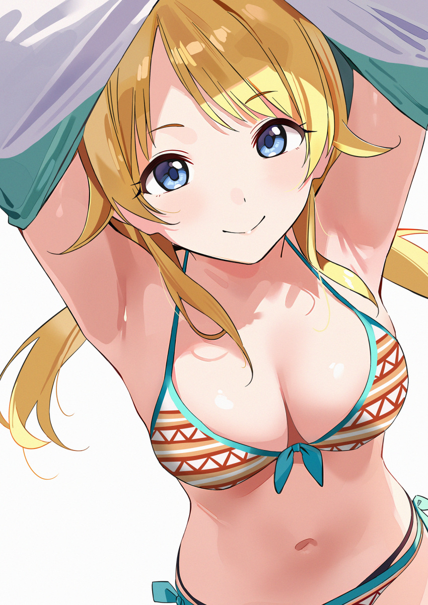 1girl armpits arms_up bikini blonde_hair blue_eyes breasts closed_mouth collarbone commentary hachimiya_meguru halterneck highres idolmaster idolmaster_shiny_colors kinjin large_breasts layered_bikini long_hair looking_at_viewer navel side-tie_bikini_bottom smile solo stomach swimsuit undressing