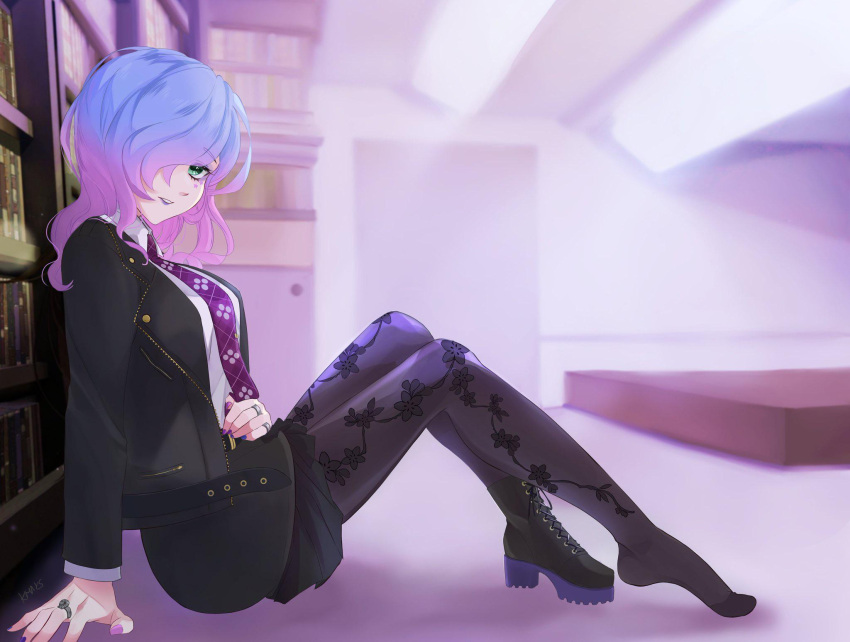 1girl artist_request black_footwear black_jacket breasts cerejeira_elron fate/grand_order fate_(series) feet green_eyes hair_over_one_eye highres jacket large_breasts long_hair looking_at_viewer multicolored_hair necktie open_clothes open_jacket pantyhose purple_hair purple_lips purple_necktie sitting skull_ring