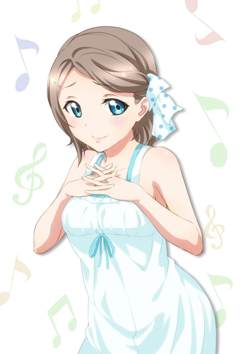 1girl blue_eyes blush breasts brown_hair dress hair_ornament hairclip highres looking_at_viewer love_live! love_live!_sunshine!! musical_note ribbon simple_background solo surfing_orange watanabe_you white_background