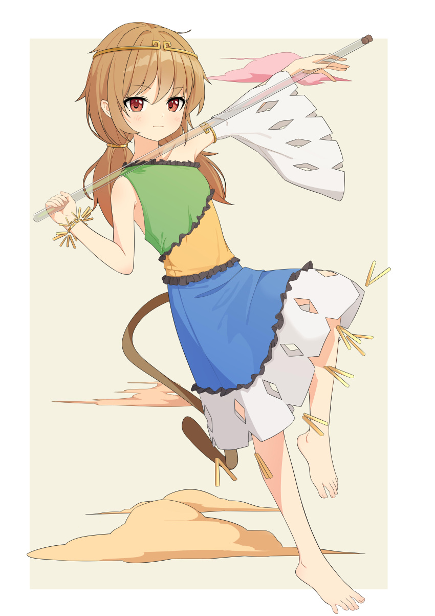 1girl :3 absurdres aqoot arms_up bare_shoulders barefoot blush border brown_hair brown_tail circlet closed_mouth cloud commentary_request detached_sleeves dress feet frilled_dress frills full_body hair_tie highres holding holding_staff long_hair looking_at_viewer low_twintails monkey_tail multicolored_clothes multicolored_dress outside_border pink_clouds red_eyes ruyi_jingu_bang single_detached_sleeve sleeveless sleeveless_dress solo son_biten staff standing standing_on_one_leg tail touhou twintails white_border white_sleeves wide_sleeves yellow_background yellow_clouds