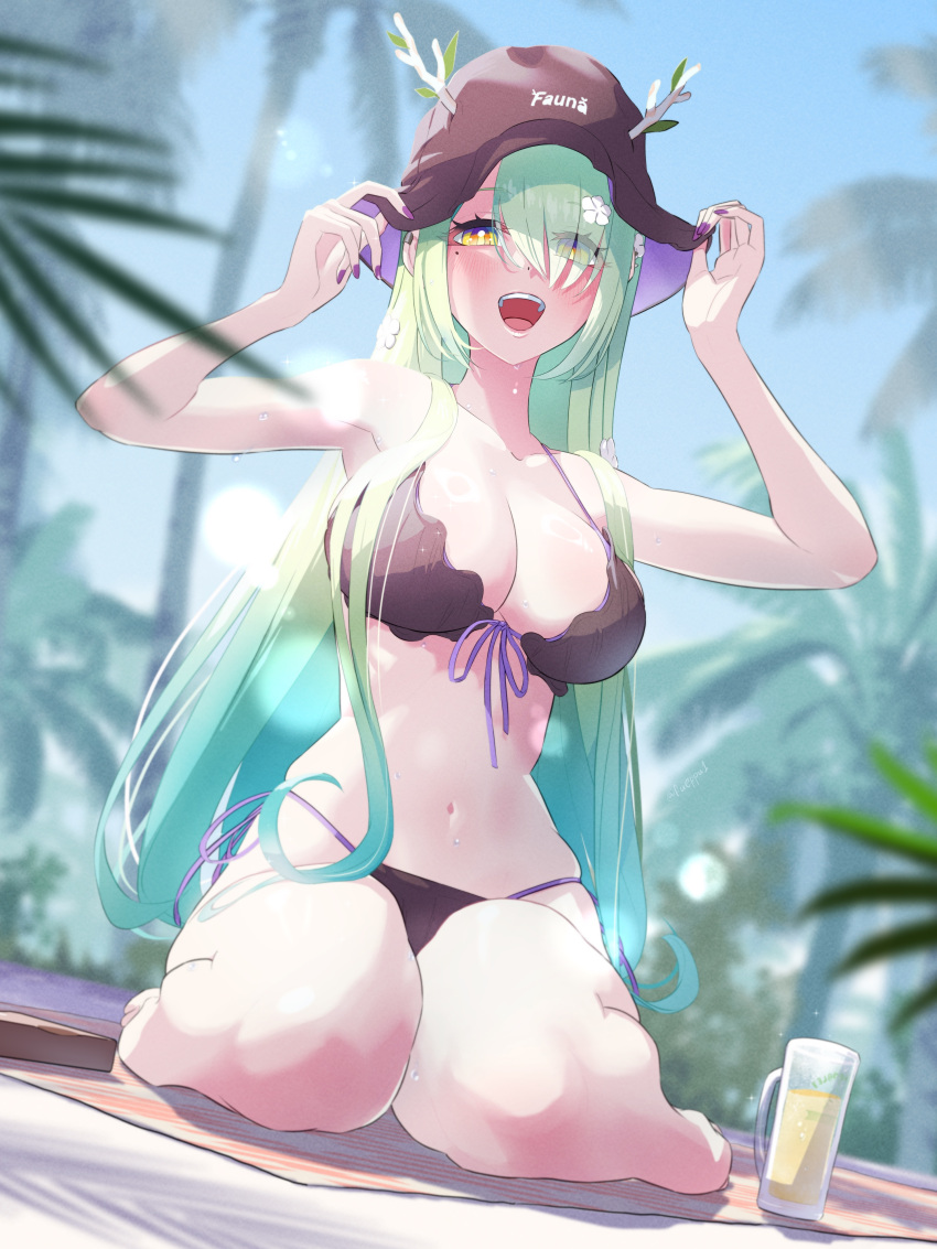 1girl :d absurdres adjusting_clothes adjusting_headwear alternate_costume alternate_hairstyle antlers_through_headwear armpits bikini black_bikini black_hat blue_sky blurry blush bokeh breasts ceres_fauna character_name commentary depth_of_field dot_nose english_commentary flower fueppu glass gradient_hair green_hair hair_flower hair_ornament hat highres hololive large_breasts liquid long_hair mole mole_under_eye multicolored_hair navel open_mouth palm_tree purple_nails sky smile solo sparkle stomach swimsuit teeth tongue tree upper_teeth_only very_long_hair virtual_youtuber wet white_flower yellow_eyes