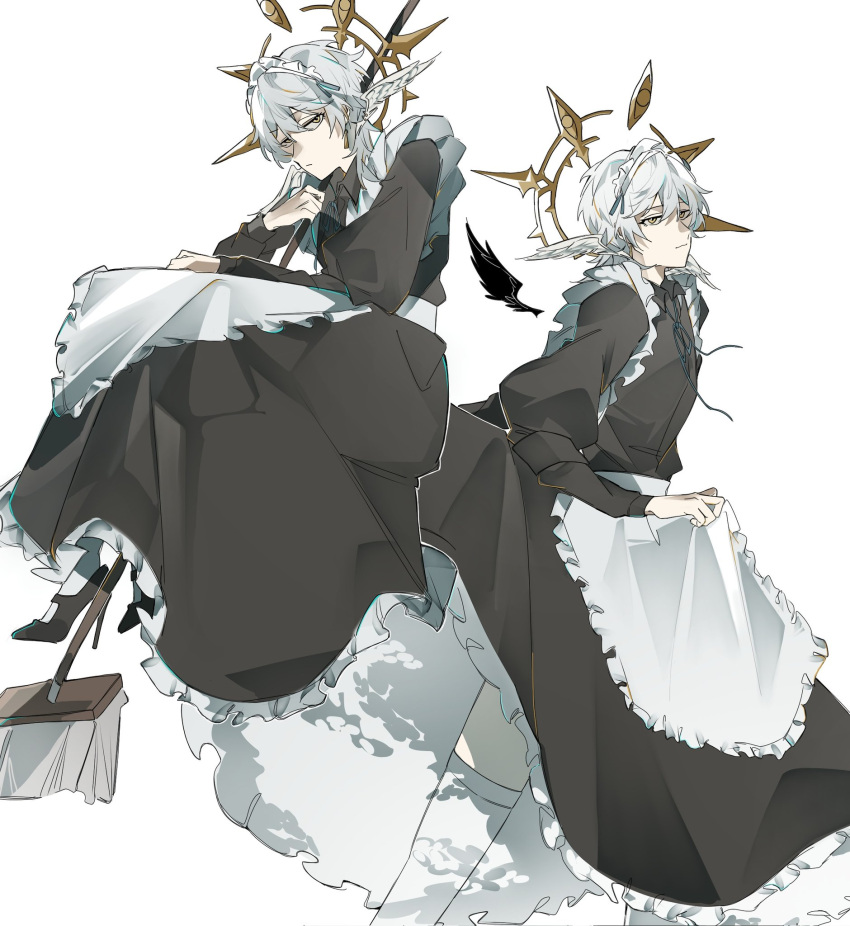 1boy apron black_footwear broom crossdressing feathered_wings frills halo head_wings highres holding holding_apron holding_broom honkai:_star_rail honkai_(series) light_smile looking_to_the_side maid maid_apron maid_day maid_headdress medium_hair neck_ribbon oo_1y ribbon sitting spiked_halo sunday_(honkai:_star_rail) thighhighs walking white_apron white_background white_hair wings yellow_eyes