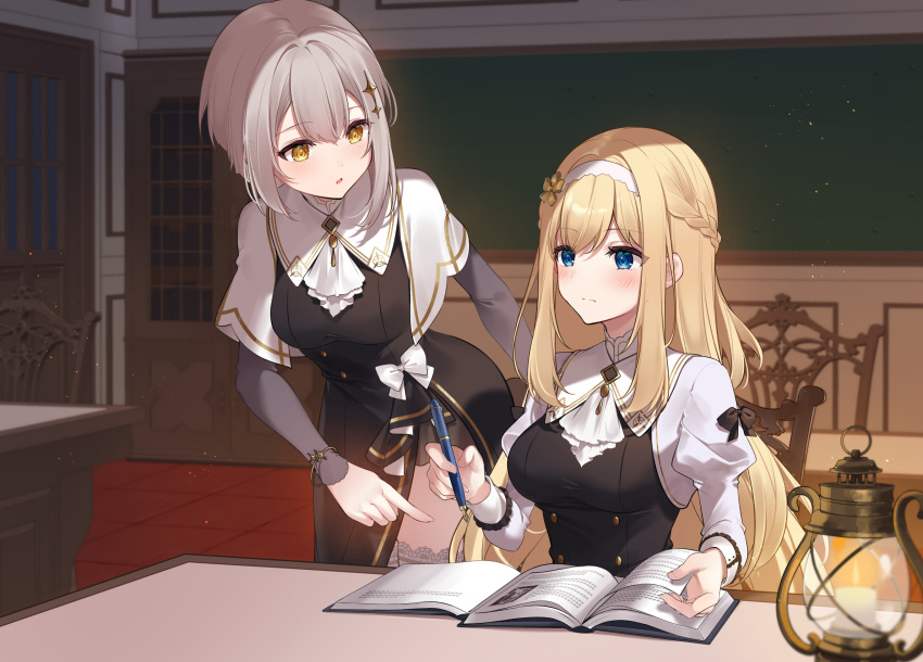 2girls 3: blonde_hair blue_eyes blush book bow braid breasts candle capelet chair grey_hair grey_sleeves hairband half_updo highres holding holding_pen juliet_sleeves kisaragi_yuri lamp long_hair long_sleeves multiple_girls novel_illustration official_art open_book pen puffy_sleeves seijo-sensei_no_mahou_wa_susunderu! short_hair side_slit sitting sparkle_hair_ornament teaching very_long_hair white_bow white_capelet yellow_eyes