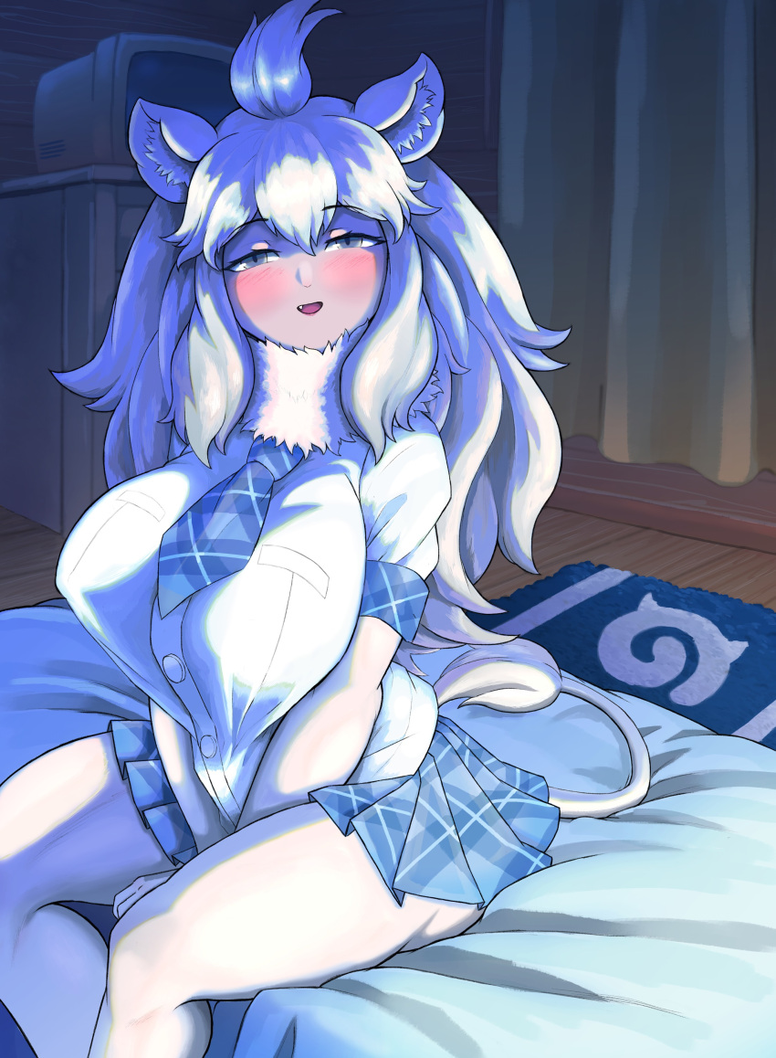 1girl absurdres animal_ears big_hair blue_eyes blue_necktie blush breasts ciapolilla extra_ears fang fur_collar gloves hair_between_eyes highres huge_breasts kemono_friends kemono_friends_3 lion_ears lion_girl lion_tail long_hair looking_at_viewer necktie open_mouth pillow plaid plaid_necktie plaid_skirt plaid_sleeves plaid_trim shirt short_sleeves sitting skirt smile solo tail white_hair white_lion_(kemono_friends) white_tiger_print