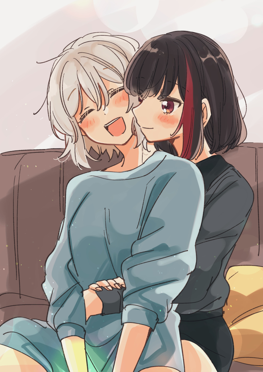 2girls absurdres aoba_moca bang_dream! black_hair blush closed_eyes couch grey_hair happy highres hug hug_from_behind indoors mitake_ran multicolored_hair multiple_girls red_hair short_hair sitting smile streaked_hair yuri zawameki