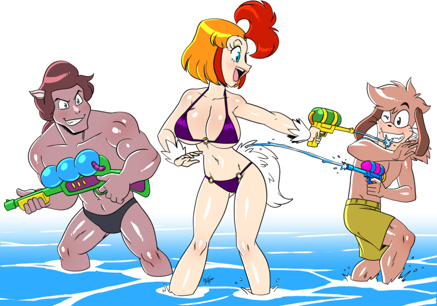 2024 abs aeolus06 animal_humanoid anthro athletic athletic_anthro athletic_male avian avian_humanoid bikini bikini_bottom bikini_top bird bird_humanoid black_nose breasts brown_body brown_fur brown_hair canid canine canis chicken_humanoid clothed clothed_anthro clothed_female clothed_humanoid clothed_male clothing domestic_dog equid equine eto_rangers female fur galliform galliform_humanoid grin group hair horse humanoid male mammal open_mouth open_smile orange_hair pakarachi partially_submerged pochiro smile speedo standing standing_in_water swimming_trunks swimwear tart_(eto_rangers) topless topless_anthro topless_male toy toy_gun trio water water_gun