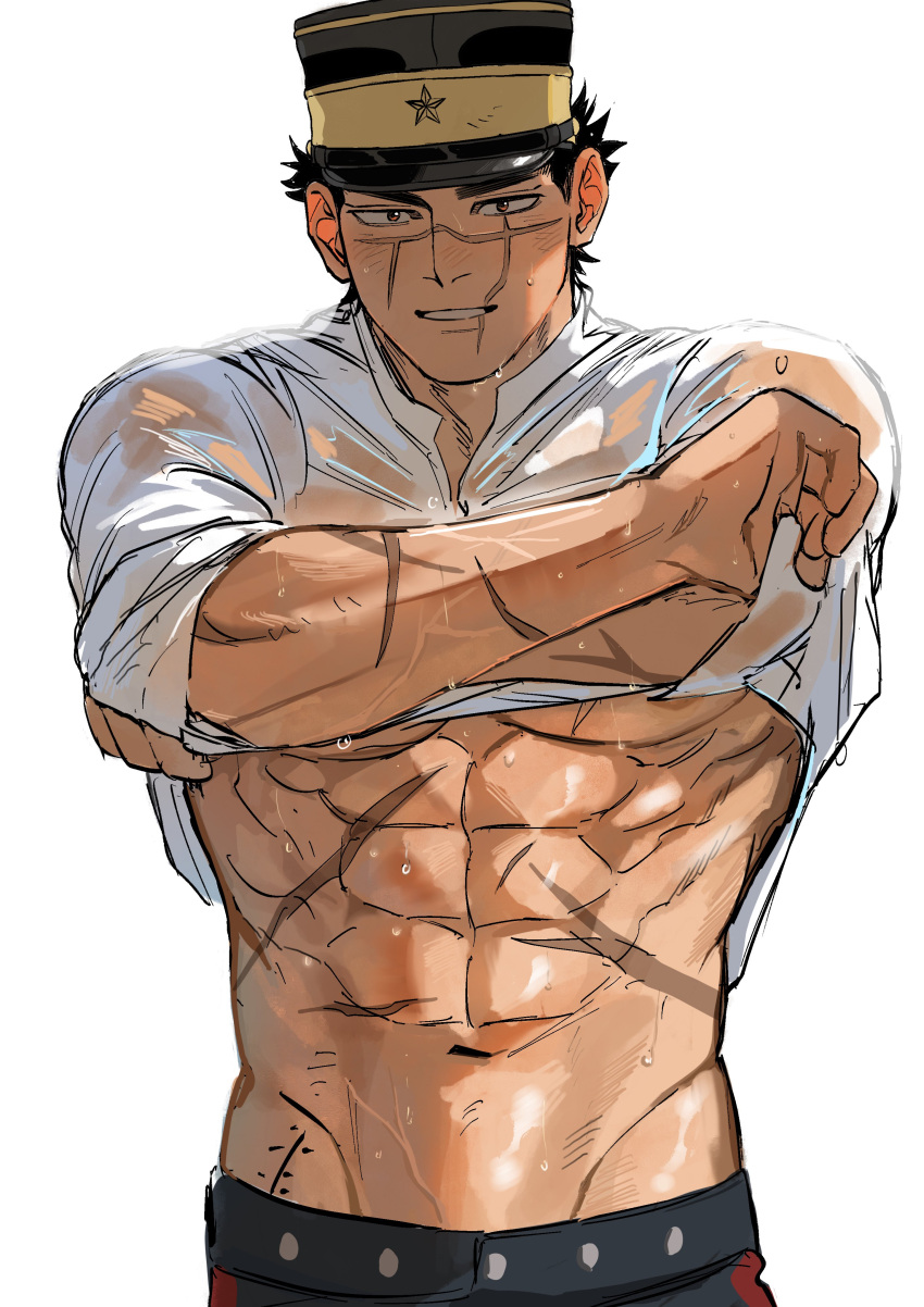 1boy abs absurdres bara black_hair black_pants clothes_lift golden_kamuy hat highres large_pectorals male_focus military_hat muscular muscular_male navel nipples pants pectorals revision scar scar_on_arm scar_on_cheek scar_on_chest scar_on_face scar_on_mouth scar_on_nose shirt shirt_lift short_hair simple_background solo sugimoto_saichi ton_(ton19130318) wet wet_clothes wet_face wet_shirt white_background white_shirt