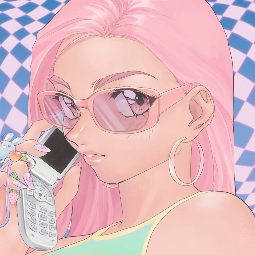 1990s_(style) 1girl album_cover cellphone cellphone_charm charm_(object) checkered_background cover earrings flip_phone green_shirt heart highres holding holding_phone hoop_earrings jewelry korean_commentary long_hair looking_at_viewer original parted_lips phone pink-framed_eyewear pink_eyes pink_hair pink_lips portrait purple_nails retro_artstyle shirt sleeveless sleeveless_shirt solo sunglasses yue_(yung_n_dum_)