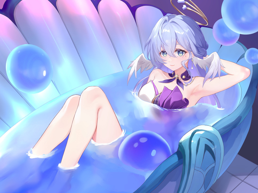 1girl absurdres arm_up armpits bare_arms bare_shoulders blue_eyes blue_hair choker commentary dress fangai-anmian halo head_wings highres honkai:_star_rail honkai_(series) knees_up long_hair looking_at_viewer partially_submerged purple_choker purple_dress robin_(honkai:_star_rail) smile solo strapless strapless_dress two-tone_dress water white_dress wings