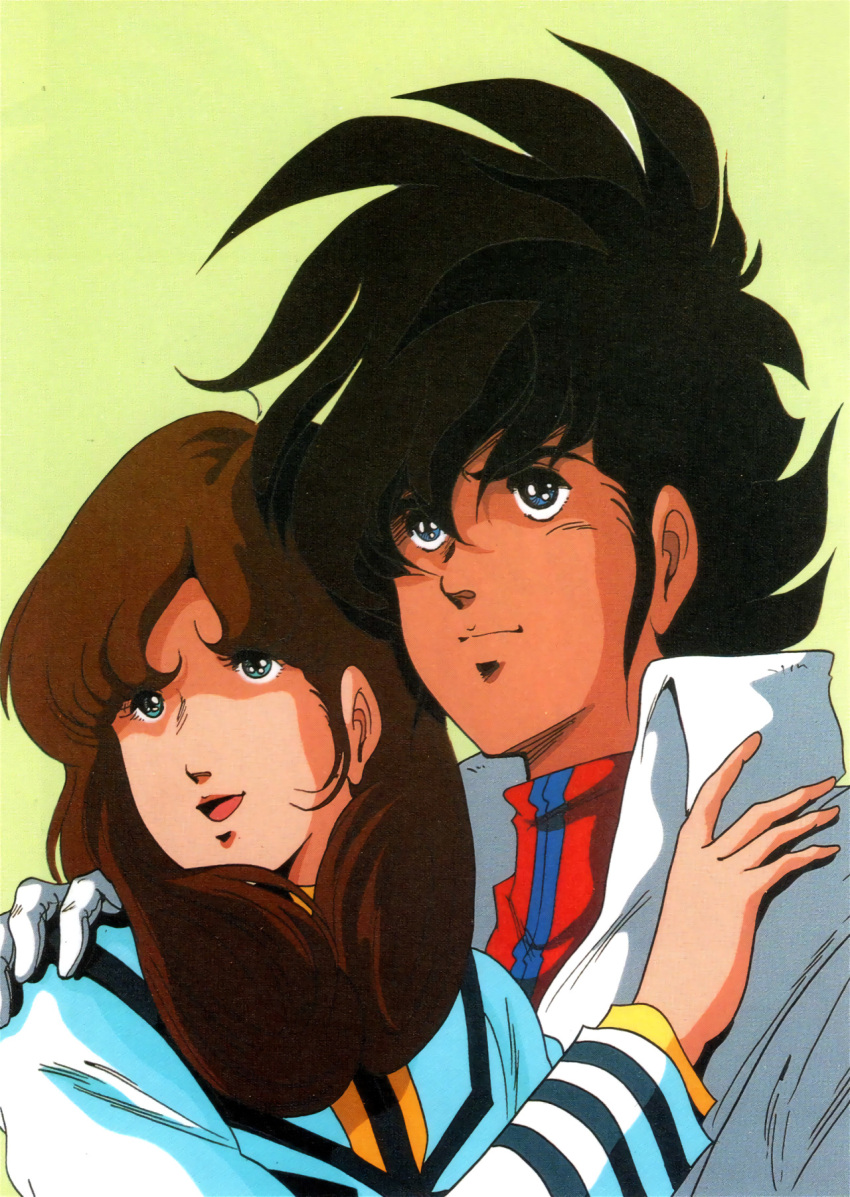 1980s_(style) 1boy 1girl black_eyes black_hair brown_hair choujikuu_yousai_macross couple english_commentary gloves good_end hayase_misa highres hug ichijou_hikaru key_visual long_hair macross mikimoto_haruhiko military military_uniform official_art open_mouth pilot_suit promotional_art retro_artstyle scan science_fiction spiked_hair spoilers traditional_media u.n._spacy uniform upper_body