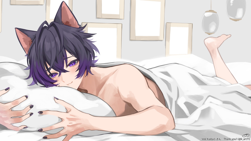1boy ahoge animal_ears barefoot black_hair black_nails cat_boy cat_ears character_name closed_mouth colored_tips commission highres holding holding_pillow indie_virtual_youtuber k_(art71) multicolored_hair picture_frame pillow purple_eyes purple_hair short_hair skeb_commission solo twitter_username under_covers vee_kaibyo virtual_youtuber
