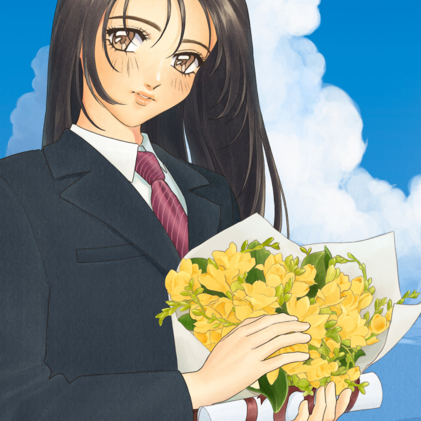 1girl album_cover black_jacket bouquet brown_eyes brown_hair cloud collared_shirt cover english_commentary flower highres holding holding_bouquet holding_diploma jacket long_hair looking_at_viewer necktie original outdoors parted_lips pink_lips red_necktie shirt sky solo upper_body white_shirt yellow_flower yue_(yung_n_dum_)