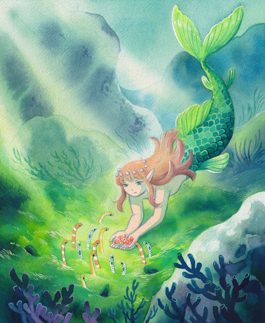 bare_shoulders closed_mouth coral eel feeding_animal fins food green_eyes green_scales green_tail heikala highres holding holding_food kneeless_mermaid light_rays long_hair mermaid monster_girl orange_hair original painting_(medium) pearl_hair_ornament pointy_ears rock sunbeam sunlight traditional_media underwater watercolor_(medium)