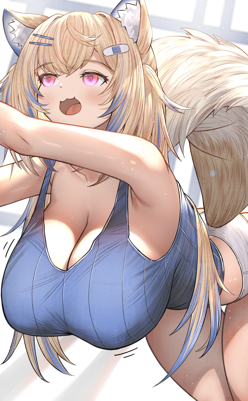 1girl absurdres animal_ear_fluff animal_ears bad_id bad_twitter_id bent_over blonde_hair blue_hair blue_shirt breasts cleavage collarbone dog_ears dog_girl dog_tail fuwawa_abyssgard hair_ornament hairclip hand_out_of_frame hanging_breasts highres hololive hololive_english honkivampy huge_breasts leaning_forward long_hair multicolored_hair open_mouth out_of_frame outstretched_hand shirt shorts sleeveless sleeveless_shirt solo streaked_hair tail thigh_gap thighhighs two_side_up virtual_youtuber white_shorts