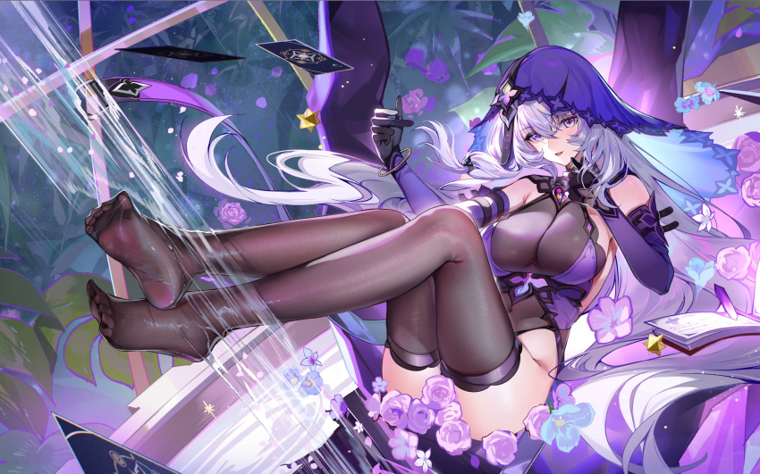1girl adapted_costume akizero1510 armpit_crease bare_shoulders black_gloves black_swan_(honkai:_star_rail) black_thighhighs breasts card cleavage commentary covered_navel elbow_gloves flower gloves grey_hair hair_between_eyes highres honkai:_star_rail honkai_(series) large_breasts long_hair looking_at_viewer no_shoes pink_flower pink_rose purple_sleeves rose smile soles solo thighhighs thighs toes veil wet
