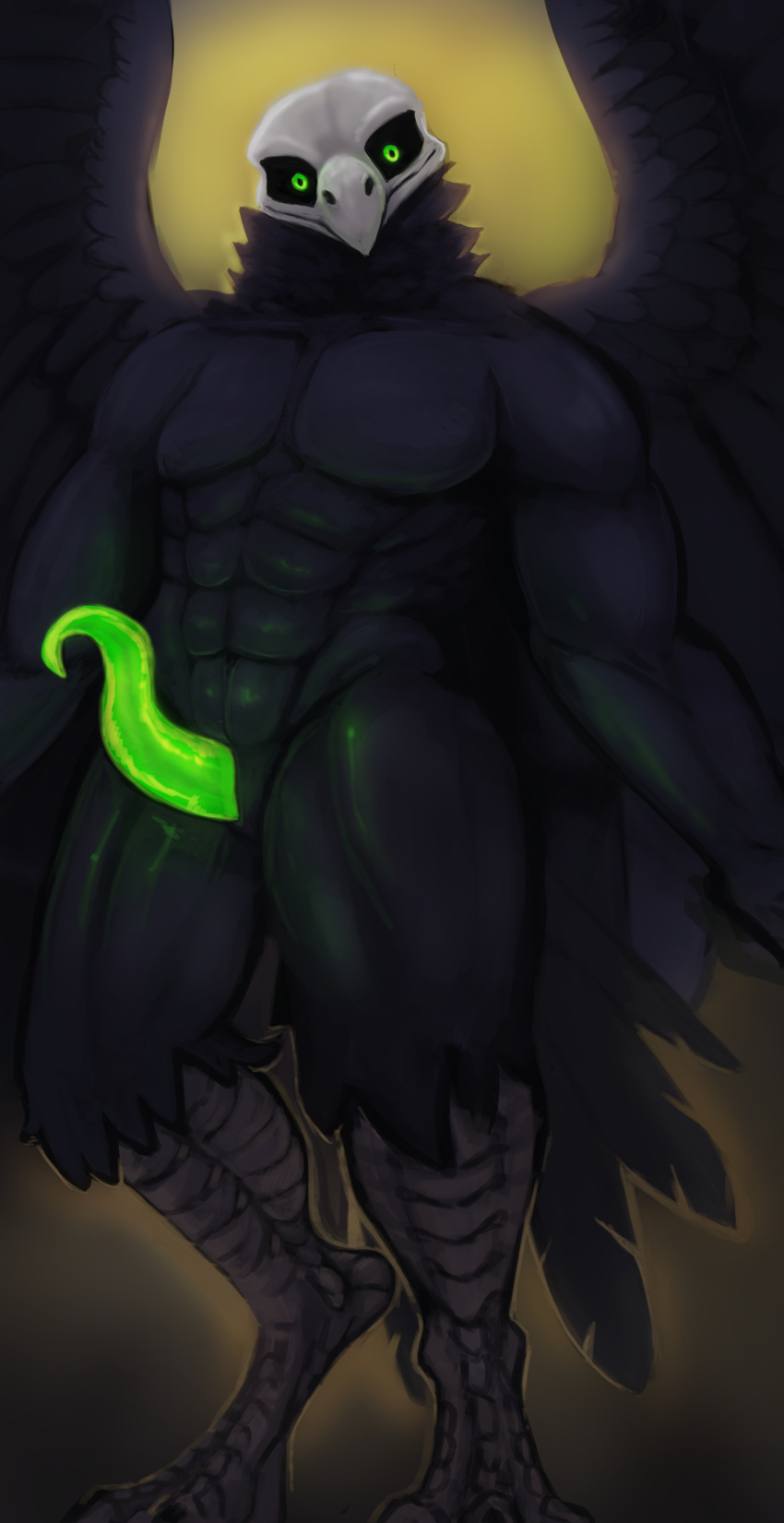 absurd_res accipitriform animal_genitalia anthro asterius_(skull) avian bird bone ethan0 genitals glowing glowing_eyes glowing_genitalia green_eyes green_penis hi_res looking_at_viewer male open_wings penis skull skull_head spread_arms vulture