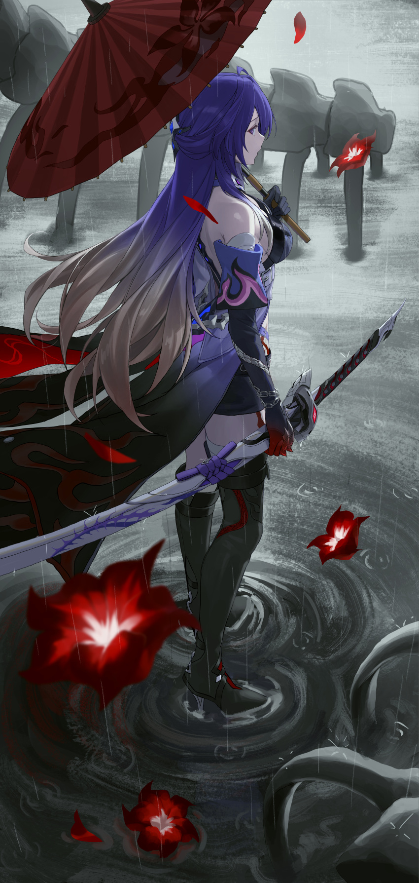 1girl absurdres acheron_(honkai:_star_rail) bacon_quiche bare_shoulders black_footwear black_gloves boots commentary elbow_gloves flower gloves gradient_hair grey_hair high_heel_boots high_heels highres holding holding_sword holding_umbrella holding_weapon honkai:_star_rail honkai_(series) katana multicolored_hair purple_eyes purple_hair rain red_flower red_umbrella scabbard sheath sheathed solo standing sword thigh_boots umbrella weapon