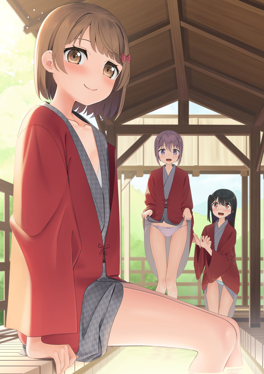 3girls absurdres apollo_(hu_maple) bath_yukata black_hair blue_panties blush bob_cut bow bow_panties bra bra_peek brown_eyes brown_hair closed_mouth clothes_lift clothes_tug commentary_request crotch_seam day fang foot_bath grey_eyes grey_hair grey_kimono hair_ornament hairclip haori highres japanese_clothes kimono kimono_lift lifted_by_self looking_at_another looking_at_viewer medium_hair multiple_girls one_side_up open_mouth original outdoors panties pantyshot short_hair sitting skin_fang smile soaking_feet standing sunlight thigh_gap underwear white_panties yukata yukata_lift