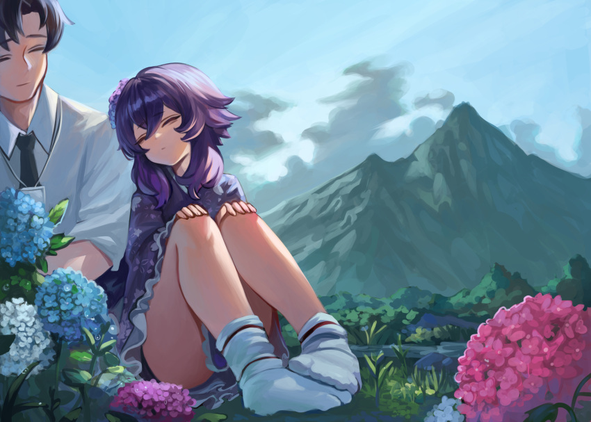 1boy 1girl black_hair blue_archive closed_eyes dokomon feet flower hair_between_eyes hands_on_own_knees haruka_(blue_archive) highres japanese_clothes kimono mountain purple_hair purple_kimono sensei_(blue_archive) sitting sky socks tabi yukata