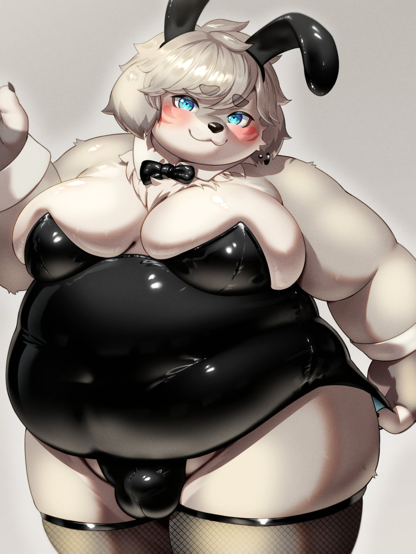 3:4 absurd_res anthro belly big_moobs blue_eyes blush bulge canid canine canis clothing detailed_bulge domestic_dog fake_ears fake_rabbit_ears fishnet_clothing fishnet_leggings fishnet_legwear floppy_ears fur grey_body grey_fur hi_res hozuki_creha leggings legwear male mammal moobs overweight playboy_bunny playboy_outfit smile solo vtuber z_g_m_f_x20a