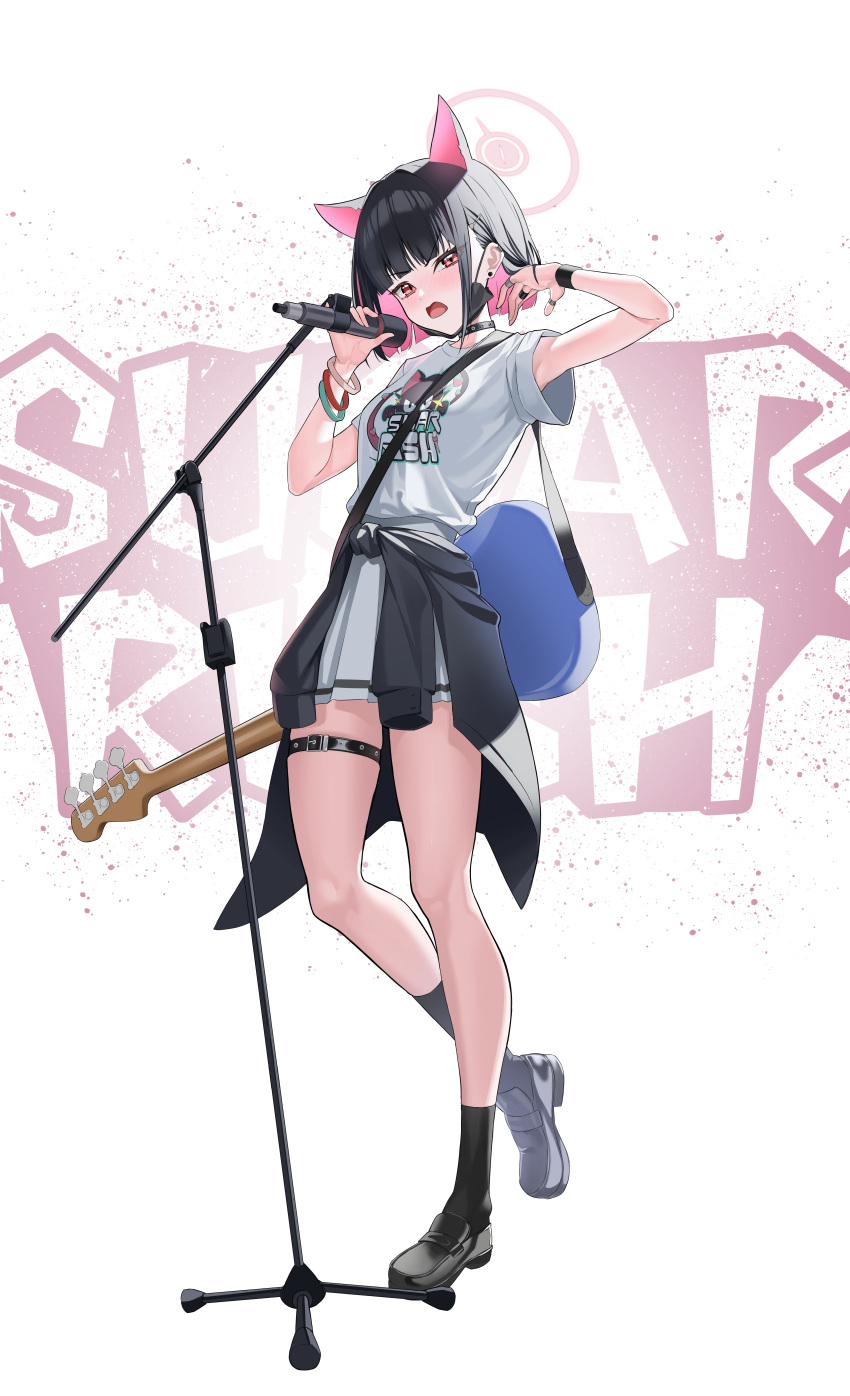 1girl absurdres animal_ears bass_guitar belt black_choker black_footwear black_hair black_mask black_socks blue_archive blush breasts cat_ears choker clothes_around_waist colored_inner_animal_ears colored_inner_hair commentary_request extra_ears full_body halo highres holding holding_microphone instrument jacket jacket_around_waist kazusa_(band)_(blue_archive) kazusa_(blue_archive) loafers looking_at_viewer mask mask_pull microphone microphone_stand mouth_mask multicolored_hair music official_alternate_costume ojisan_kamo_shiremasen open_mouth pink_hair pink_halo print_shirt shirt shoes short_hair short_sleeves singing skirt socks solo standing t-shirt thigh_belt thigh_strap tongue white_mask white_shirt white_skirt