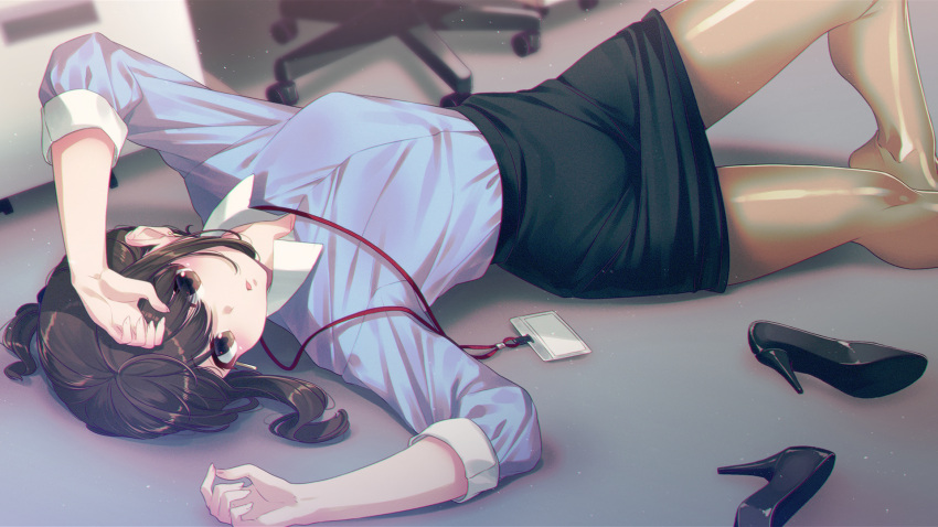1girl 40hara black_skirt blue_shirt brown_eyes brown_hair brown_legwear chair clothes_lift collared_shirt douki-chan_(douki-chan) dress_shirt earrings end_card floor ganbare_douki-chan high-waist_skirt high_heels highres id_card jewelry lanyard looking_at_viewer looking_to_the_side lying no_shoes office_chair office_lady on_back on_floor pantyhose shiny shiny_clothes shiny_legwear shirt shoes shoes_removed sidelocks skirt skirt_lift solo