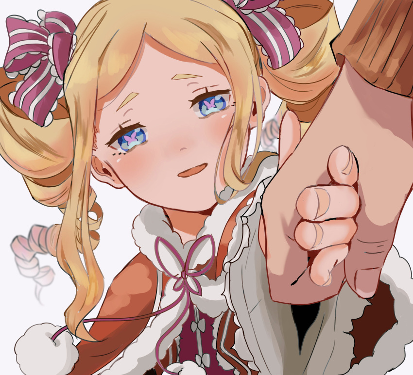 absurdres beatrice_(re:zero) blonde_hair blue_eyes capelet dress drill_hair frilled_dress frills fur-trimmed_capelet fur_trim highres holding_hands hou_(pixiv73408326) long_hair long_sleeves natsuki_subaru open_mouth re:zero_kara_hajimeru_isekai_seikatsu ribbon smile solo_focus twin_drills