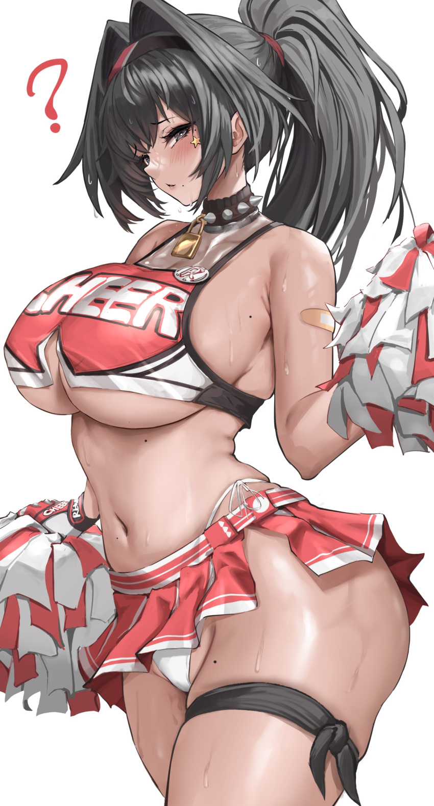 1girl absurdres bandaid bandaid_on_arm bare_shoulders bay_(nikke) black_eyes black_hair blush breasts camel cheerleader collar covered_nipples cowboy_shot crop_top curvy dark-skinned_female dark_skin duchessofarmeria english_commentary goddess_of_victory:_nikke hair_between_eyes hair_intakes hairband high_ponytail highleg highleg_panties highres holding huge_breasts long_hair looking_at_viewer midriff miniskirt mole mole_on_stomach mole_on_thigh mole_under_mouth navel official_alternate_costume panties parted_lips pleated_skirt pom_pom_(cheerleading) ponytail red_skirt simple_background skirt solo spiked_collar spikes standing star_sticker sticker_on_face stomach sweat thick_thighs thigh_strap thighs underboob underwear white_background wide_hips