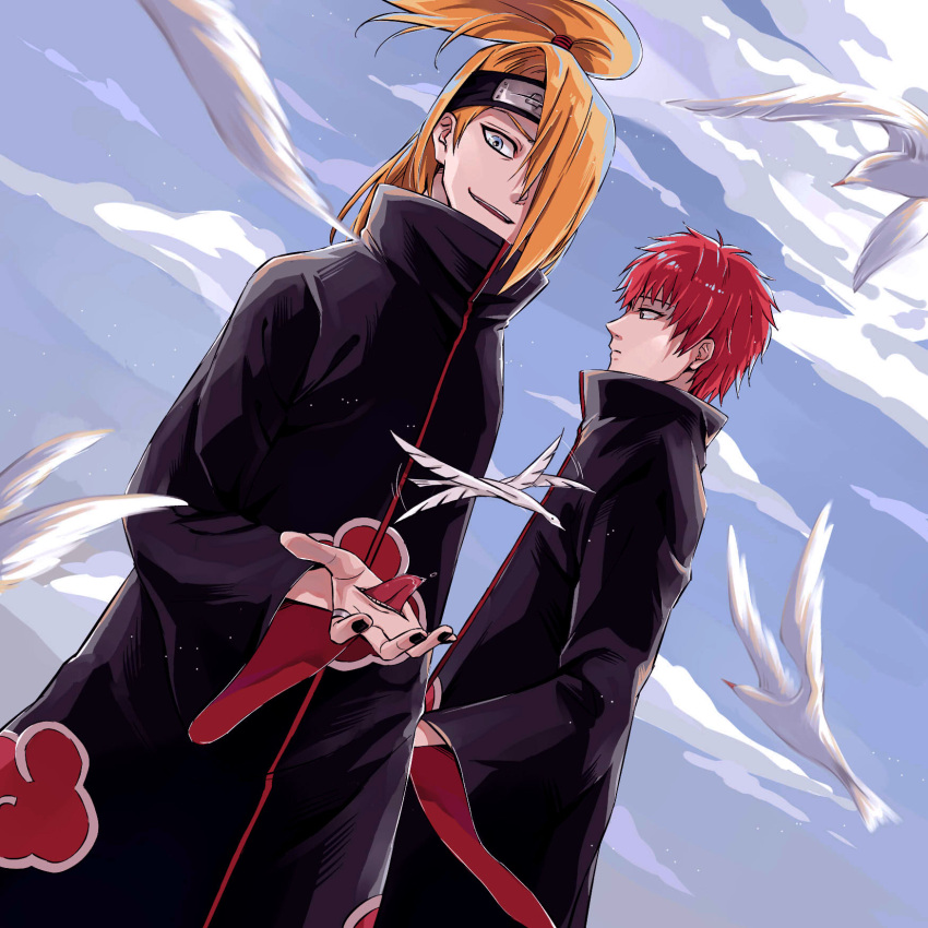 2boys :d akatsuki_(naruto) akatsuki_uniform bangs black_nails blue_sky closed_mouth cloud cloudy_sky deidara_(naruto) forehead_protector hair_over_one_eye highres jewelry long_hair long_sleeves male_focus multiple_boys nail_polish naruto_(series) naruto_shippuuden ninja open_mouth outdoors red_hair ring sasori_(naruto) sky smile tongue tongue_out yi_(199702090505)