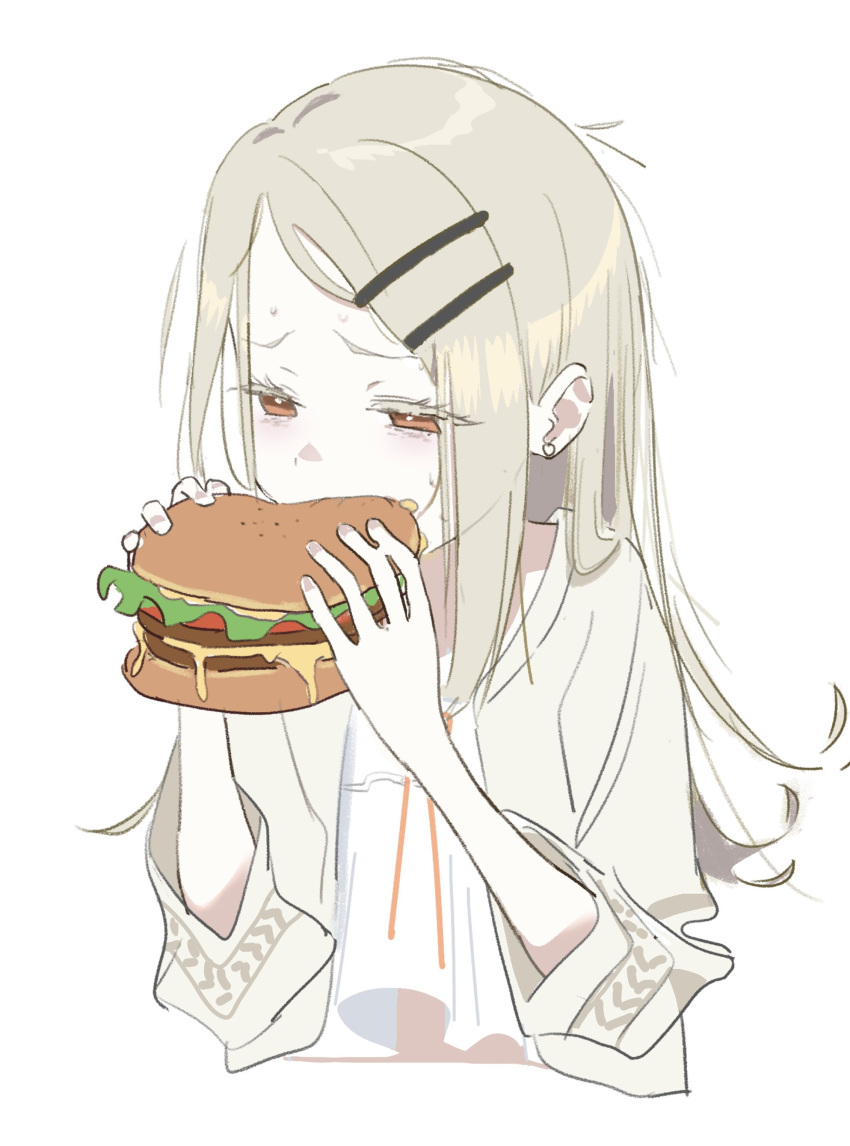 1girl absurdres burger camisole cropped_torso earrings eating food gakuen_idolmaster highres holding holding_burger holding_food idolmaster jewelry light_brown_hair long_hair orange_eyes shinosawa_hiro sidelocks simple_background solo stud_earrings sweatdrop upper_body what_a white_background white_camisole