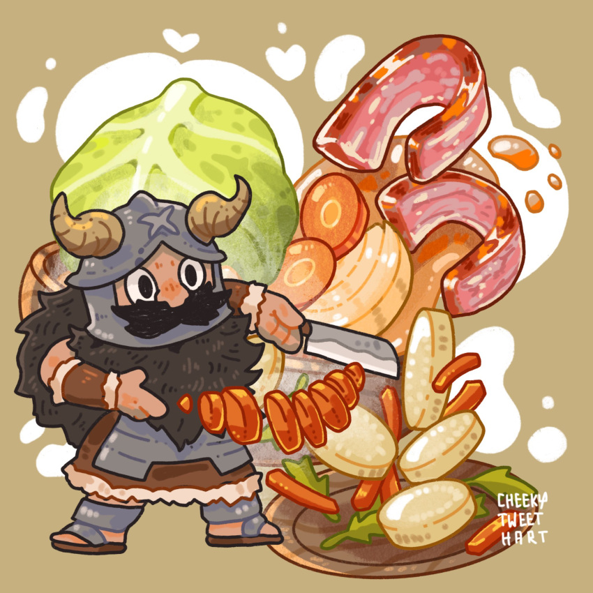 1boy beard cabbage carrot cheekytweeth_art chopping cooking deformed dungeon_meshi dwarf facial_hair fake_horns food food_focus helmet highres holding holding_knife horned_helmet horns knife long_beard male_focus meat senshi_(dungeon_meshi) solo thick_mustache very_long_beard