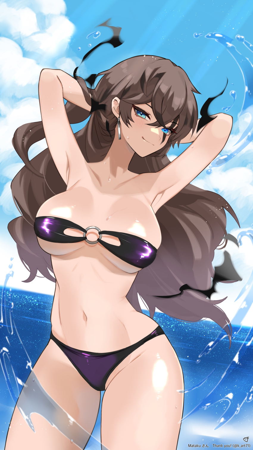 1girl absurdres arms_behind_head bikini blue_eyes borrowed_character breasts brown_hair collarbone commission cowboy_shot earrings facial_mark genderswap genderswap_(mtf) highres horizon jewelry k_(art71) long_hair navel o-ring o-ring_bikini ocean original purple_bikini skeb_commission strapless strapless_bikini swimsuit twitter_username water wet