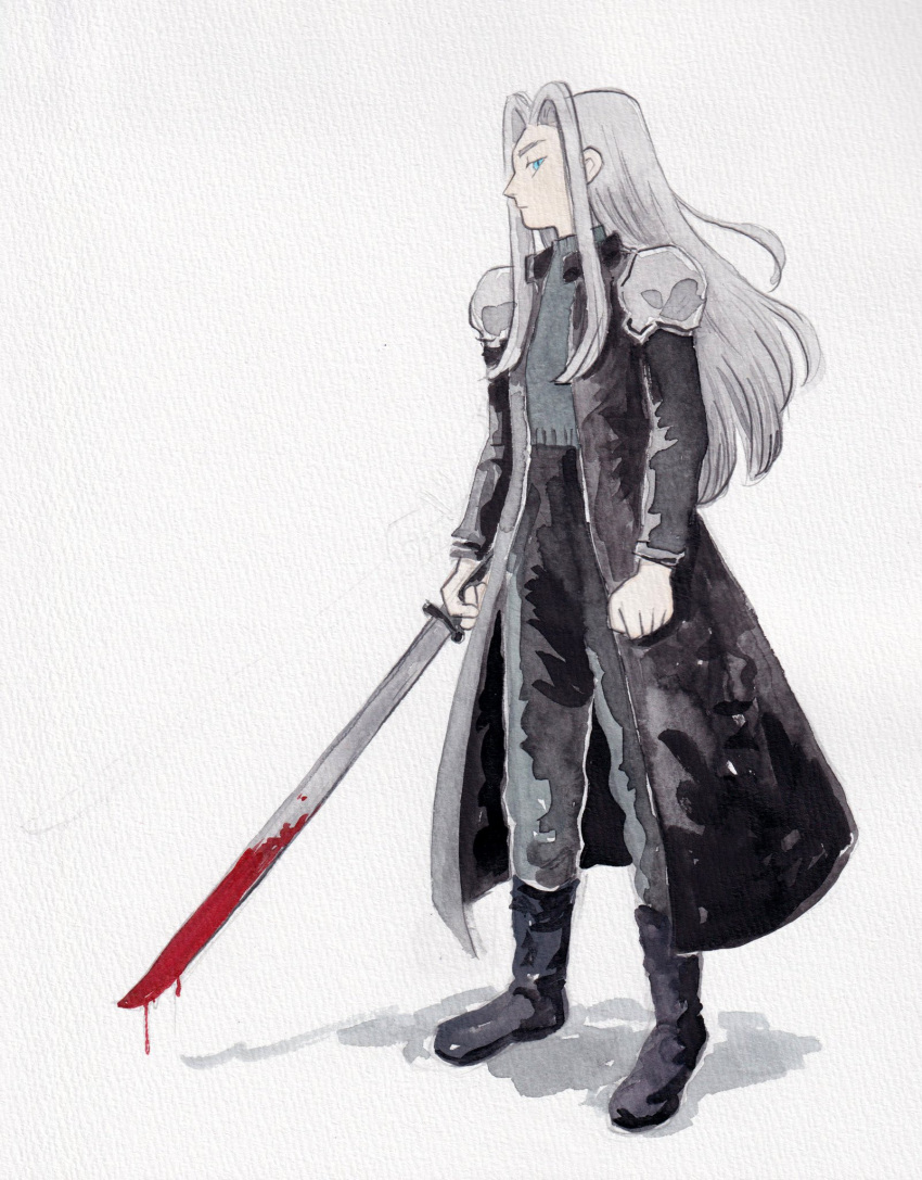 1boy armor black_coat black_footwear black_pants blood blood_on_weapon blue_eyes boots coat final_fantasy final_fantasy_vii grey_hair grey_sweater heikala highres holding holding_sword holding_weapon long_coat long_hair looking_at_viewer looking_to_the_side masamune_(ff7) open_clothes open_coat painting_(medium) pants sephiroth shoulder_armor simple_background solo sweater sword traditional_media watercolor_(medium) weapon white_background