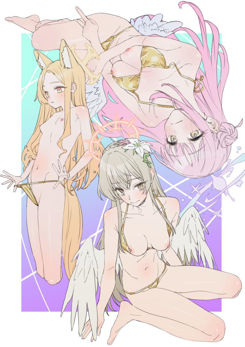 3girls absurdres alternate_costume angel_wings animal_ear_fluff animal_ears bare_arms bare_legs bare_shoulders barefoot bikini blonde_hair blue_archive blush breasts brown_eyes cleavage closed_mouth collarbone extra_ears feathered_wings flower fox_ears gold_bikini groin hair_bun hair_flower hair_ornament halo highres large_breasts light_brown_hair long_hair medium_breasts mika_(blue_archive) multiple_girls naga-agan nagisa_(blue_archive) navel nipple_slip nipples pink_flower pink_hair pink_halo seia_(blue_archive) simple_background single_side_bun sitting small_breasts swimsuit tea_party_(blue_archive) topless white_flower white_wings wings yellow_halo