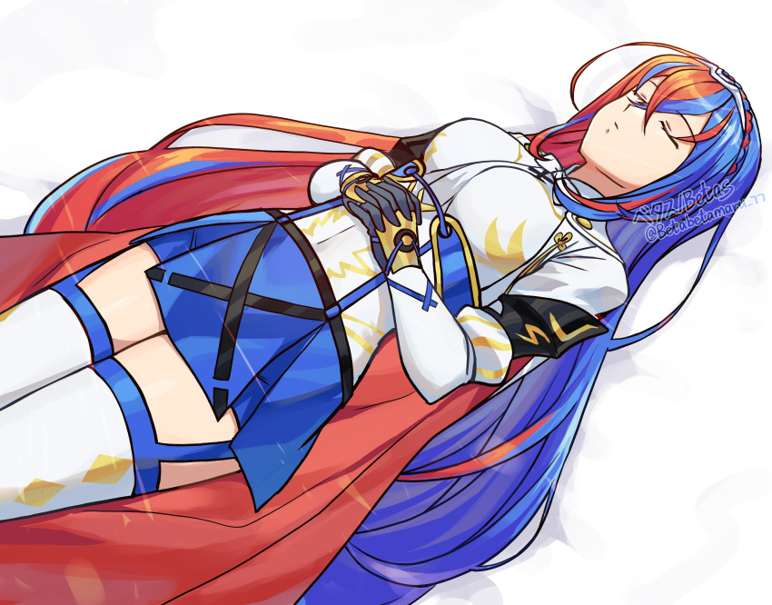 1girl absurdres alear_(female)_(fire_emblem) alear_(fire_emblem) artist_name betabetamaru blue_hair blue_skirt cape closed_eyes closed_mouth commission crossed_bangs fire_emblem fire_emblem_engage gloves hair_between_eyes highres interlocked_fingers long_hair long_sleeves multicolored_hair on_bed own_hands_together pixiv_commission red_cape red_hair shirt skirt sleeping solo thighhighs tiara twitter_username two-tone_hair very_long_hair white_shirt white_thighhighs