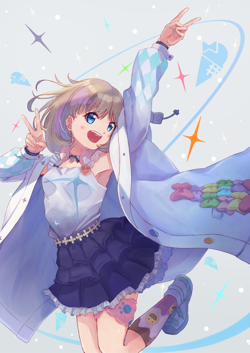 1girl birthday blue_eyes blue_skirt blush commentary_request frills hajimari_wa_kimi_no_sora highres jacket kneehighs light_brown_hair long_sleeves looking_at_viewer love_live! love_live!_superstar!! macken open_clothes open_jacket open_mouth shoes short_hair skirt smile solo tang_keke teeth upper_teeth white_footwear white_jacket