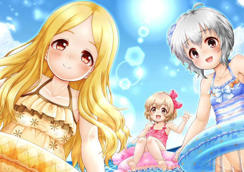 3girls :d bare_arms bare_shoulders blonde_hair blue_sky blush bow breasts brown_eyes brown_hair brown_one-piece_swimsuit closed_mouth cloud collarbone commentary_request day forehead grey_hair horizon idolmaster idolmaster_cinderella_girls innertube koga_koharu long_hair mochizuki_hijiri multiple_girls narumiya_yume ocean one-piece_swimsuit outdoors parted_bangs pink_one-piece_swimsuit red_eyes regular_mow signature sky small_breasts smile striped_bow swim_ring swimsuit very_long_hair water