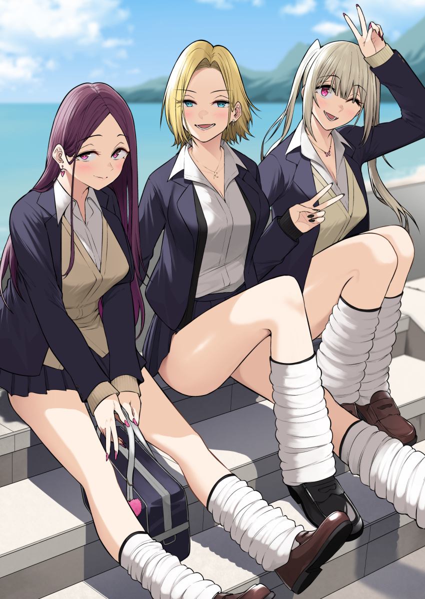 3girls :d aqua_eyes arm_up bag black_nails black_skirt blonde_hair blurry blurry_background blush breasts brown_footwear closed_mouth collared_shirt commentary_request day grey_hair hamazaki_reina highres imaizumin-chi_wa_douyara_gal_no_tamariba_ni_natteru_rashii jewelry kurumizaka_ruri large_breasts multiple_girls nail_polish necklace nori_gorou one_eye_closed outdoors pleated_skirt purple_eyes purple_hair purple_nails sasaki_yukina shirt sitting skirt smile thighs twintails uniform v white_shirt