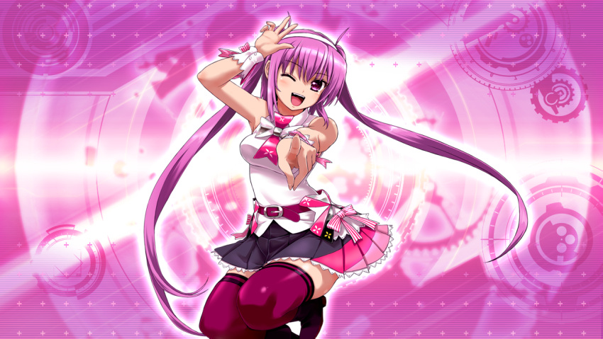 1girl bare_shoulders beatmania_iidx breasts goli_matsumoto hair_between_eyes long_hair medium_breasts mizushiro_celica non-web_source official_art one_eye_closed pink_eyes pink_hair pointing pointing_at_viewer purple_thighhighs skirt smile solo teeth thighhighs twintails upper_teeth_only