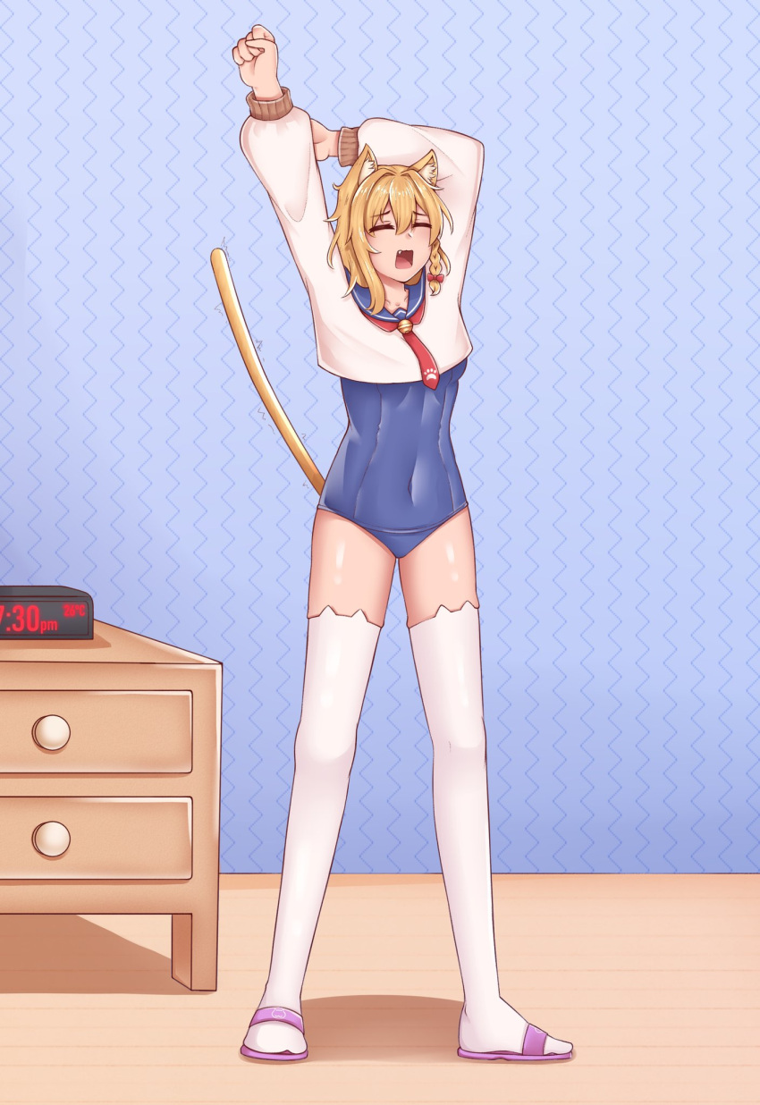 1girl animal_ear_fluff animal_ear_legwear animal_ears averageairhead bell blonde_hair cat_ear_legwear cat_ears cat_tail clock covered_navel digital_clock drawer hair_between_eyes highres navel neck_bell original sandals short_hair sleepy tail thighhighs yawning