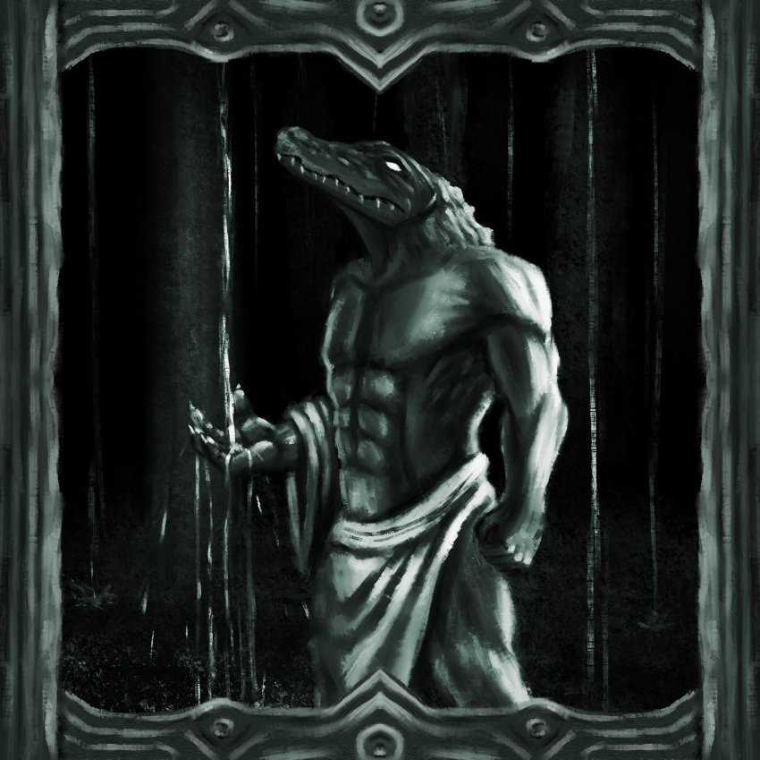 2024 absurd_res alligator alligatorid american_alligator anthro bleak_ambiance border carved_stone chair clothing crocodilian dark desolate digital_drawing_(artwork) digital_media_(artwork) digital_painting_(artwork) dirtypaperjoe furniture hi_res high_contrast holy muscular picture_frame reptile robe rock scalie water water_stream white_eyes