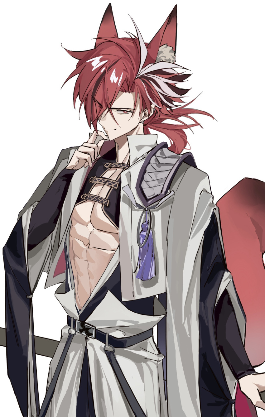 1boy animal_ear_fluff animal_ears black_hair cowboy_shot earrings eyes_visible_through_hair fate/grand_order fate_(series) fox_boy fox_ears fox_tail hair_over_one_eye hand_on_own_chin highres jacket japanese_clothes jewelry long_hair long_sleeves looking_at_viewer low_ponytail male_focus muki_(muki_kunxd) multicolored_hair pectoral_cleavage pectorals red_eyes red_hair simple_background smile solo streaked_hair tail takasugi_shinsaku_(fate) toned toned_male underpec white_background white_hair white_jacket