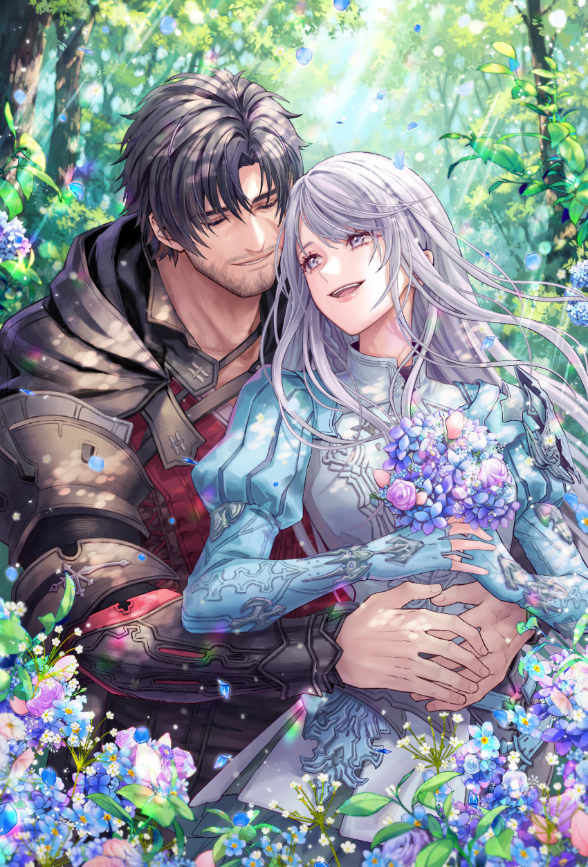 1boy 1girl black_hair clive_rosfield closed_eyes commission couple facial_hair final_fantasy final_fantasy_xvi floating_hair flower hand_on_another's_hip highres holding holding_flower hug hug_from_behind jill_warrick long_hair looking_at_another petals scar scar_on_face short_hair smile zenyu