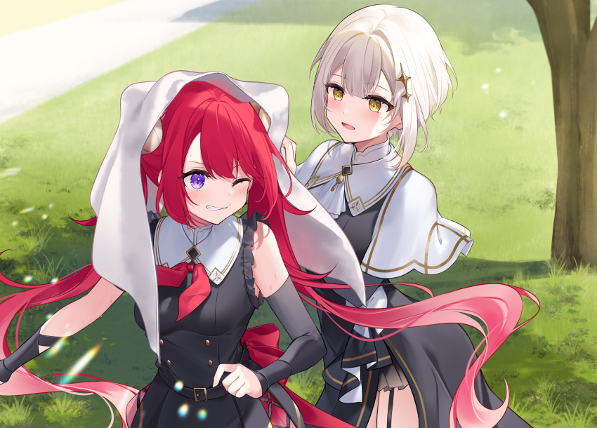 2girls :d back_bow black_dress black_sleeves blush bow breasts capelet curled_horns detached_sleeves dress garter_straps grass grey_hair highres horns kisaragi_yuri long_hair multiple_girls novel_illustration official_art one_eye_closed open_mouth outdoors purple_eyes red_bow seijo-sensei_no_mahou_wa_susunderu! short_hair side_slit smile towel towel_on_head tree twintails very_long_hair white_capelet