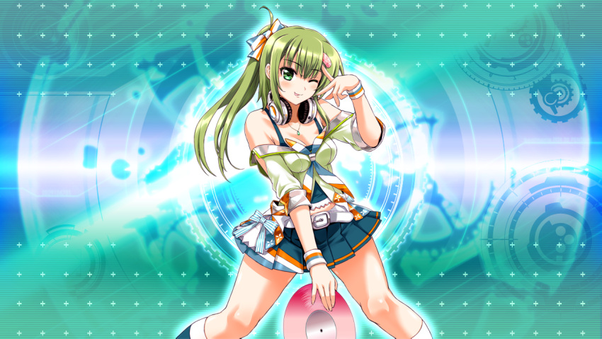 1girl armpits bare_shoulders beatmania_iidx breasts cleavage goli_matsumoto green_eyes green_hair hair_between_eyes hair_ornament headphones holding_record kitami_erika medium_breasts non-web_source official_art one_eye_closed side_ponytail skirt smile solo thighs tongue tongue_out