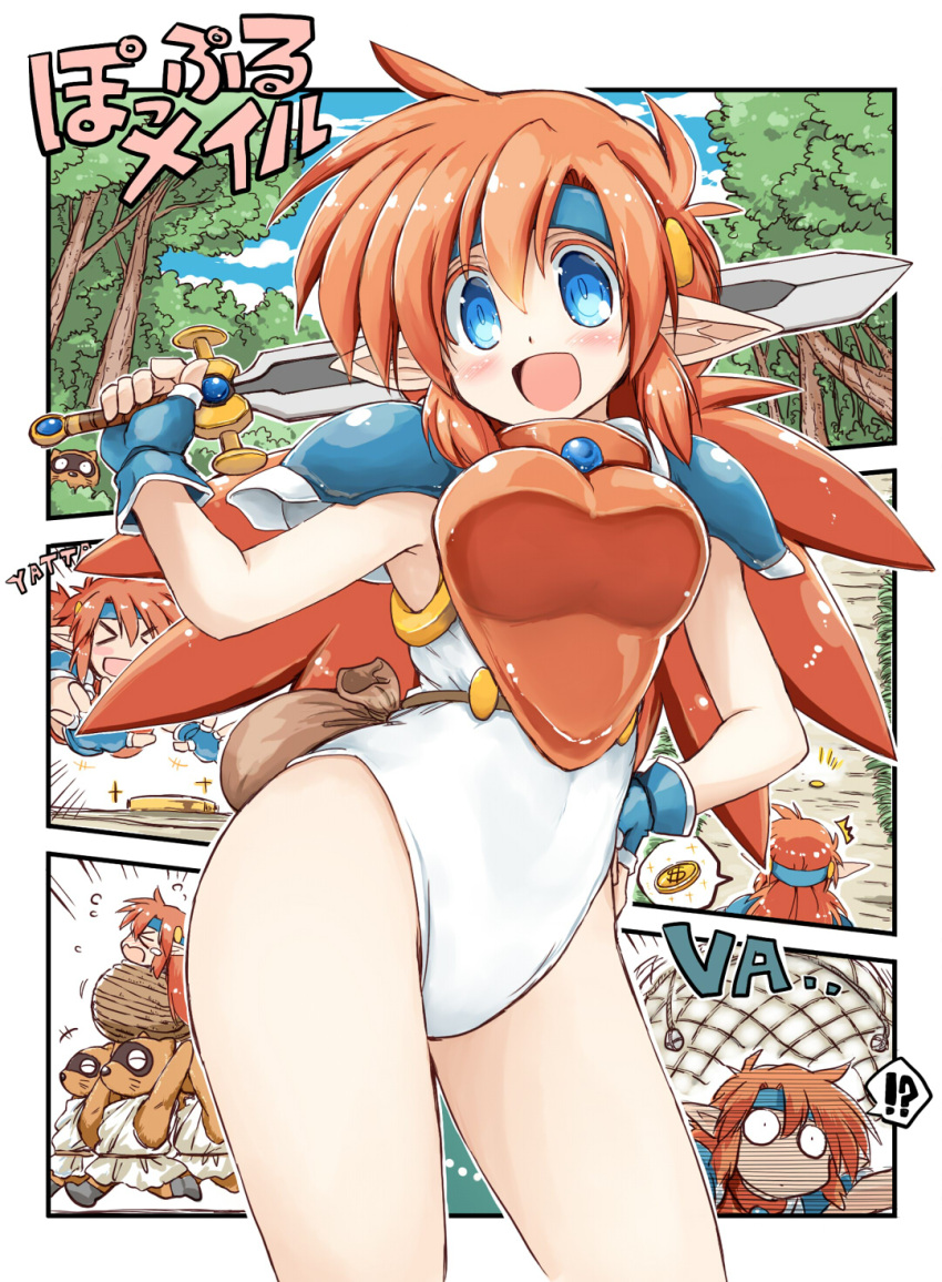 1girl armor blue_eyes blue_gloves blush breastplate breasts elf fingerless_gloves gloves hand_on_own_hip headband highres leotard long_hair multiple_views open_mouth orange_hair pointy_ears popful_mail pouch sakaki_(noi-gren) shoulder_armor smile thighs white_leotard